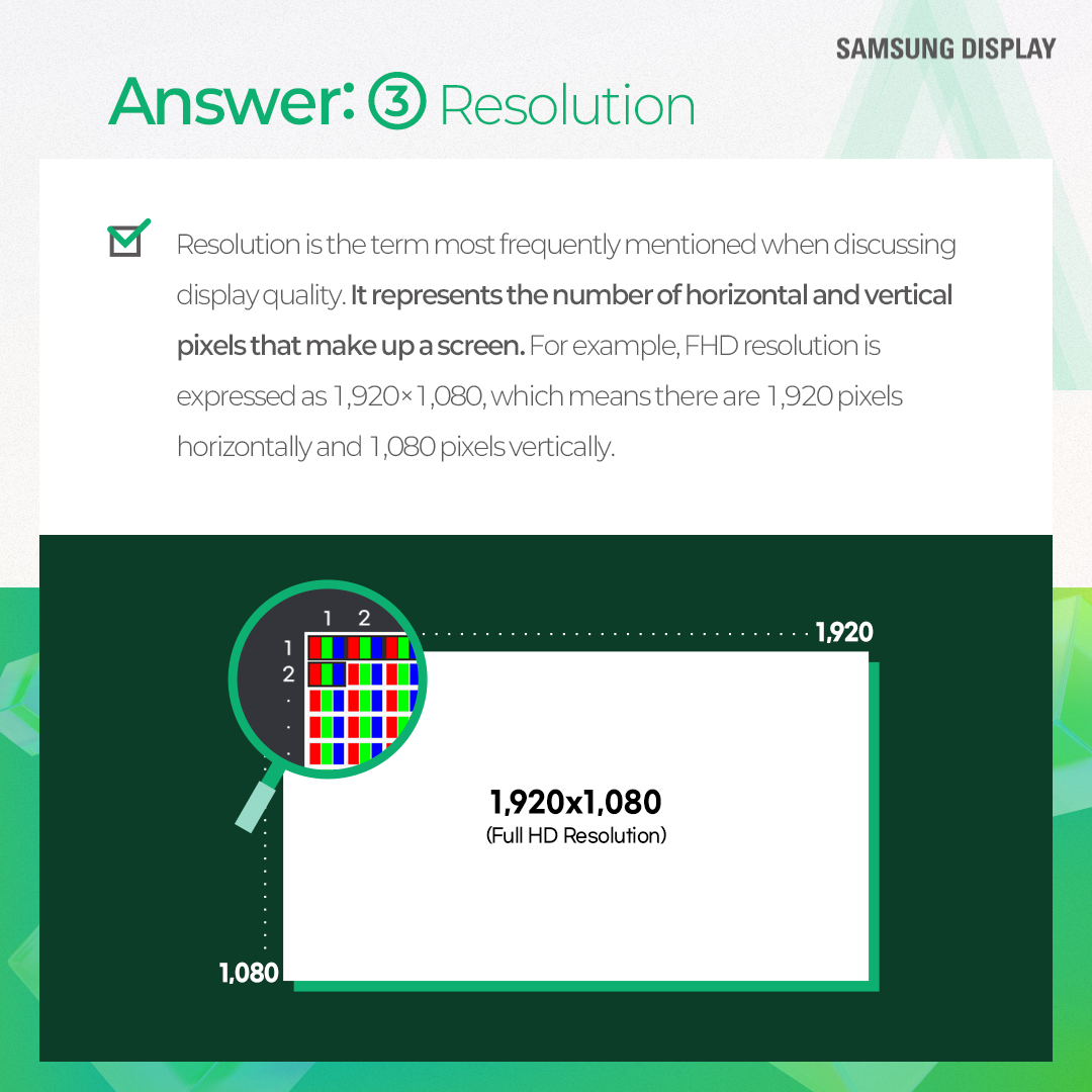 Resolution is a numerical expression of the number of pixels that make up a display screen. It is calculated by multiplying the number of horizontal pixels by the number of vertical pixels, and a higher resolution results in a sharper image.