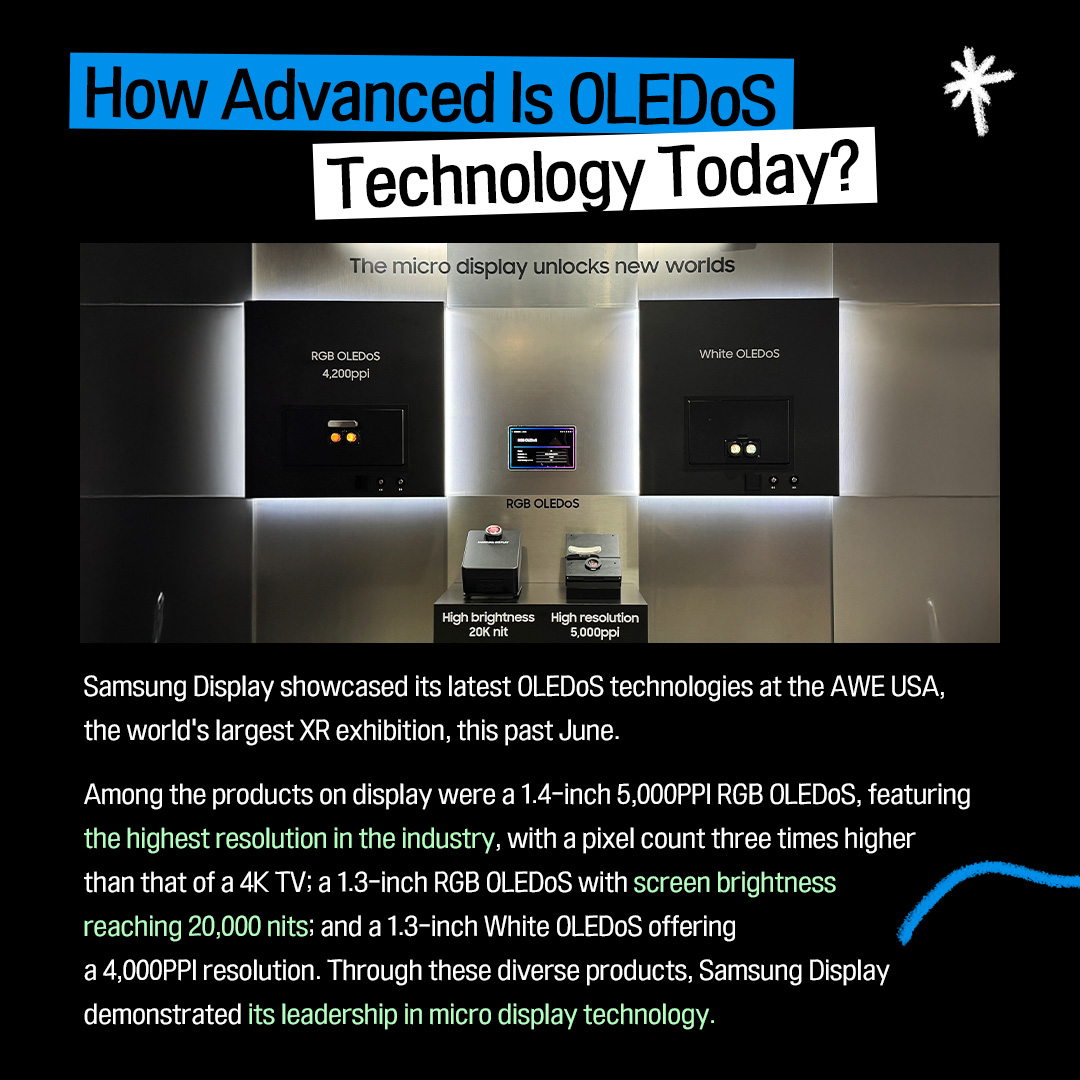 1p. The Core of the XR Era: Micro Display “OLEDoS” With the launch of Samsung’s first XR headset ‘Galaxy XR’, last month, XR (Extended Reality) has been gaining significant attention.  XR is a technology that presents virtual worlds as if they were real.  In this card news, we will explore micro display OLEDoS, a core technology of the XR era. 2p. What Is XR (Extended Reality)? XR = A technology that expands reality  VR (Virtual Reality) A fully digital virtual environment Experience a completely separate virtual world, disconnected from the physical reality. AR (Augmented Reality)  An environment where digital information is layered over the real world  Enhancing real-world experiences with digital overlays. MR (Mixed Reality)  An environment where the physical and virtual worlds are blended  the reconstructed real world (captured through cameras, etc.) interacts with and can be manipulated alongside digital virtual information. XR is an umbrella term that encompasses VR, AR, and MR.  It is a technology that expands reality by allowing users to enter a virtual space or overlay digital information onto the real world.  Beyond gaming, it can be applied to meetings, education, design, shopping, and many other fields.  3p. How XR Devices Work Structure of XR devices lenses (optical systems) / actual display size / perceived screen size Most head-mounted XR devices use ultra-high-resolution micro displays to present virtual images. Although the actual display size is extremely small—around one inch—the lenses (optical systems) inside the XR device adjust the perceived screen size and focal distance. As a result, users can see what appears to be a very large screen floating several meters in front of them.  Recently released products such as Samsung’s ‘Galaxy XR’ and Apple’s ‘Vision Pro’ are equipped with an OLEDoS, an ultra-high-resolution micro display. 4p. What Is OLEDoS, the Core of XR Devices? Silicon Wafer OLEDoS stands for “OLED on Silicon.”  While conventional OLEDs are fabricated on glass substrates, OLEDoS forms OLEDs on silicon wafers, which are typically used in semiconductor manufacturing.  Because this method leverages semiconductor processes, it allows pixel structures to be made far finer, enabling ultra-high resolutions of several thousand PPI (pixels per inch) even at very small display sizes. 5p. Ultra-High Resolution for Even More Realistic Image Quality!  Pixel size comparison: smartphone displays vs. XR displays  416PPI (Galaxy S25) 4,032PPI (Galaxy XR) OLEDoS packs pixels roughly ten times more densely than a smartphone display.  For example, Samsung’s ‘Galaxy S25’, released this year, delivers a resolution of about 400 PPI, whereas the Galaxy XR achieves an astonishing resolution of over 4,000 PPI. Because XR headsets position the screen right in front of the user’s eyes, the resolution must be extremely high so that individual pixels are not visible. Only with ultra-high resolution can XR devices display crisp images without the screen-door effect or aliasing, enabling visuals that look remarkably lifelike. 6p. How Advanced Is OLEDoS Technology Today? Samsung Display showcased its latest OLEDoS technologies at the AWE USA, the world’s largest XR exhibition, this past June.  Among the products on display were a 1.4-inch 5,000 PPI RGB OLEDoS, featuring the highest resolution in the industry, with a pixel count three times higher than that of a 4K TV; a 1.3-inch RGB OLEDoS with screen brightness reaching 20,000 nits; and a 1.3-inch White OLEDoS offering a 4,000 PPI resolution. Through these diverse products, Samsung Display demonstrated its leadership in micro display technology. 7p. The XR Market Expected to Grow Rapidly XR panel shipment OLEDoS share of the total revenue market in 2030 Source: Market research firm Omdia The outlook for the XR display market is as bright as the rapidly advancing OLEDoS technology.  Market research firm Omdia predicts that the XR display market will continue to grow each year. By 2030, XR panel shipments are expected to increase by approximately 5.5 times. In particular, OLEDoS is projected to account for about 80% of the total revenue market, solidifying its position as the core display technology for XR. 8p.  In XR, immersion ultimately depends on how natural the world appears right before your eyes. OLEDoS plays a central role in this by delivering highly detailed visuals from an ultra-small display, creating a deeper sense of immersion.  Get ready to experience the lifelike world that OLEDoS will bring to the next era of XR!