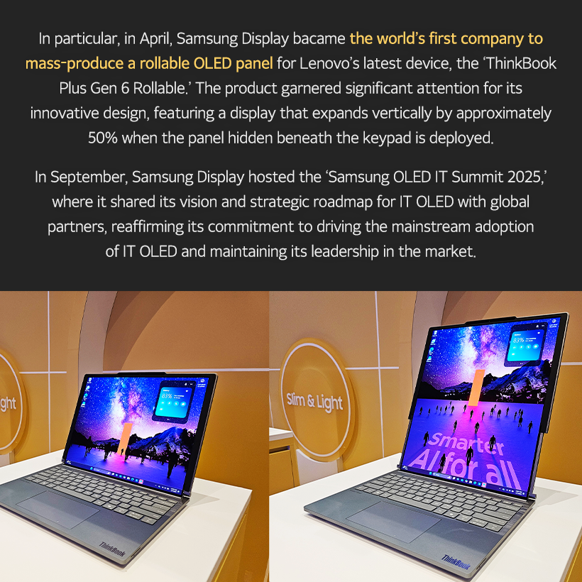 1p. SDC Highlights in 2025 What kind of year was 2025 for you?  For Samsung Display, 2025 was a milestone year, showcasing our leadership in display technology across diverse fields—including IT, mobility, and XR—driven by new challenges and technological advancements.  Let’s now take a closer look at the key technologies Samsung Display introduced in 2025.  2p. #1 From Laptops to Monitors, IT OLED Is the Leading Trend! Throughout 2025, Samsung Display partnered with global IT companies and mass-produced a wide range of OLED products for IT applications.  The company introduced a premium monitor lineup, including the world’s highest-resolution self-emissive monitor—the 27-inch UHD (160 PPI) QD-OLED—as well as 500Hz QD-OLED models. These displays were featured in new products from leading global manufacturers such as Samsung Electronics, ASUS, and MSI, driving the growth of the IT OLED market.  3p.  In particular, in April, Samsung Display became the world’s first company to mass-produce a rollable OLED panel for Lenovo’s latest device, the ‘ThinkBook Plus Gen 6 Rollable.’ The product garnered significant attention for its innovative design, featuring a display that expands vertically by approximately 50% when the panel hidden beneath the keypad is deployed.  In September, Samsung Display hosted the ‘Samsung OLED IT Summit 2025,’ where it shared its vision and strategic roadmap for IT OLED with global partners, reaffirming its commitment to driving the mainstream adoption of IT OLED and maintaining its leadership in the market.  4p. #2 A New Mobility Experience: Automotive OLED In February, Samsung Display signed an MOU to supply a 34-inch 6K OLED panel for Qualcomm’s “Snapdragon Cockpit” demo kit, opening the door to the expansion of the automotive OLED market. At ‘IAA Mobility 2025,’ held in September, Samsung Display unveiled its automotive OLED brand, ‘DRIVE™,’ for the first time. The company introduced five core technologies—spanning design, reliability, safety, visual excellence, and expandability—and drew considerable attention by showcasing a diverse portfolio of customized automotive OLED solutions, ranging from moving instrument clusters in the driver’s seat to rooftop displays. Samsung Display also highlighted advanced safety-driving technologies, including UDC (Under Display Camera) and Flex Magic Pixel.  5p. #4 In the AI Era, Low-Power Display Technology Is Essential! As on-device AI becomes increasingly prevalent, low-power solutions have emerged as a critical enabling technology. In response, Samsung Display introduced a range of advanced low-power display technologies this year.  Among them, ‘LEAD™’ earned the ‘SID Display Industry Award (DIA)’ for Display of the Year. By eliminating the polarizer traditionally used in OLED panels, this polarizer-free OLED technology reduces power consumption while enhancing brightness and outdoor visibility. Samsung Display was the first in the world to commercialize this technology in 2021.  In addition, at ‘Computex 2025’ held in May, Samsung Display unveiled ‘UT One,’ a next-generation low-power technology that enables a 1Hz variable refresh rate in IT OLEDs for the first time. By dynamically adjusting the refresh rate from 1Hz to 120Hz based on displayed content, UT One significantly reduces power consumption.  6p. #3 Even More Powerful Foldable OLED Technology This year, Samsung Display unveiled its proprietary foldable technology brand, ‘MONT FLEX™,’ underscoring its advanced and comprehensive capabilities in foldable OLEDs.  Since initiating mass production in 2019, Samsung Display has continuously enhanced the maturity of its foldable technology, becoming the first in the industry to sequentially adopt ultra-thin glass (UTG) and ‘LEAD™,’ its polarizer-free OCF technology.  In July, a foldable OLED featuring an impact-resistance–enhanced structure successfully passed 500,000 folding tests, earning recognition for its superior design from the global certification body ‘Bureau Veritas.’ More recently, Samsung Display drew significant attention by mass-producing tri-fold OLED panels that fold twice, demonstrating a new level of technological leadership in the foldable display market.  7p. #5 The Secret Behind Crisp XR Screens: Ultra-Fine Display OLEDoS In June, Samsung Display participated for the first time in the global XR exhibition ‘AWE USA 2025,’ where it showcased a broad lineup of OLEDoS technologies—one of the core display technologies for XR devices. OLEDoS is a technology in which OLEDs are fabricated directly on silicon wafers used in semiconductor manufacturing. Despite its compact form factor, it delivers ultra-high resolution through extremely dense pixel integration. At the exhibition, Samsung Display demonstrated its leadership in OLEDoS by unveiling a diverse portfolio of products, including the industry’s highest-resolution 1.4-inch RGB OLEDoS with 5,000 PPI, a 1.3-inch OLEDoS achieving 20,000 nits of brightness, and a 4,000 PPI White OLEDoS.  8p. In 2025, Samsung Display reaffirmed its No.1 technological leadership in the display industry by showcasing a portfolio of differentiated innovations across IT, foldable, automotive, and OLEDoS segments.  Looking ahead to 2026, Samsung Display plans to introduce even more advanced display technologies through continued challenges and innovations—driving progress across new technologies, new products, and new markets.  The future of displays is being shaped by Samsung Display. Stay tuned for what’s coming next.