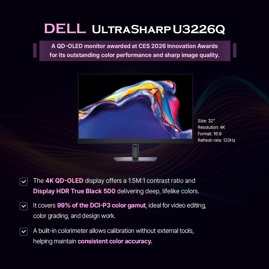 1p. Brighter and sharper than before! Four QD-OLED monitors to watch in 2026  2p. <Rising share of self-emissive panels in the premium monitor market> Source: Omdia  OLED is rapidly gaining share in the premium monitor segment as demand rises for high-performance gaming and creator displays. According to Omdiam, self-emissive panels in monitors priced above $500 are projected to grow from 14% in 2024 to 23% in 2025 and 27% in 2026. Samsung Display led the market last year with a 75% share of OLED panel shipments. The company is driving innovation with technologies such as 360Hz QD-OLED with V-stripe, Penta Tandem, and Quantum Black. Let’s take a look at four new 2026 QD-OLED built with Samsung Display’s latest innovations.  3p.  ASUS ROG Swift PG34WCDN A high-performance QD-OLED monitor featuring a V-Stripe pixel structure optimized for quantum dot devices and a 360Hz refresh rate.  1) V-Stripe arranges RGB subpixels in vertical lines, improving text clarity and delivering sharper image quality.  2) A 360Hz refresh rate and DisplayHDR True Black 500 delivers fast response, strong contrast, and vivid color.   3) Blackshield Film with Quantum Black technology reduces reflections, preserves deep blacks in bright environments, and improves panel durability.   4p. DELL UltraSharp U3226Q A QD-OLED monitor awarded at CES 2026 Innovation Awards for its outstanding color performance and sharp image quality.  1) The 4K QD-OLED display offers a 1.5M:1 contrast ratio and Display HDR True Black 500 delivering deep, lifelike colors.  2) It covers 99% of the DCI-P3 color gamut, ideal for video editing, color grading, and design work.  3) A built-in colorimeter allows calibration without external tools, helping maintain consistent color accuracy.   5p. MSI MPG 342CQR X36 A 34-inch gaming monitor featuring Samsung Display QD-OLED technologies, including the Penta Tandem structure and Quantum Black anti-reflection film.  1) The Penta Tandem structure stacks five blue OLED layers, boosting light efficiency by about 30%, reducing power consumption, and reaching up to 1300 nits of HDR brightness.  2) The V-Stripe RGB pixel layout improves text clarity and minimizes color fringing.  3) Dark Armor film with Quantum Black technology strengthens surface hardness from 2H to 3H, enhances light absorption, and delivers up to 40% deeper true blacks.  4) A 360Hz refresh rate, 0.03ms response time, and VESA CleanMR 18000 certification ensure smooth, blur-free motion.   6p. Samsung G80SH A 32-inch gaming monitor designed for immersive play, combining QD-OLED color, high contrast, and 4K resolution.  1) It supports 4K (3,840×2,160) resolution and up to 240Hz refresh rate for detailed and smooth visuals.   2) With peak brightness of 300 nits and DisplayHDR True Black 500, it delivers deep blacks, strong contrast, and clear detail in dark scenes.   3) Equipped with Display Port 2.1 (UHBR 20) supporting up to 80Gbps, it handles advanced features like HDR and VRR without data loss.  *HDR: High Dynamic Range, *VRR: Variable Refresh Rate  7p.  Samsung Display QD-OLED continues to push boundaries in image quality, speed, and energy efficiency, setting a new benchmark in the premium monitor market.  As the next generation of displays takes shape, QD-OLED is defining what comes next. 