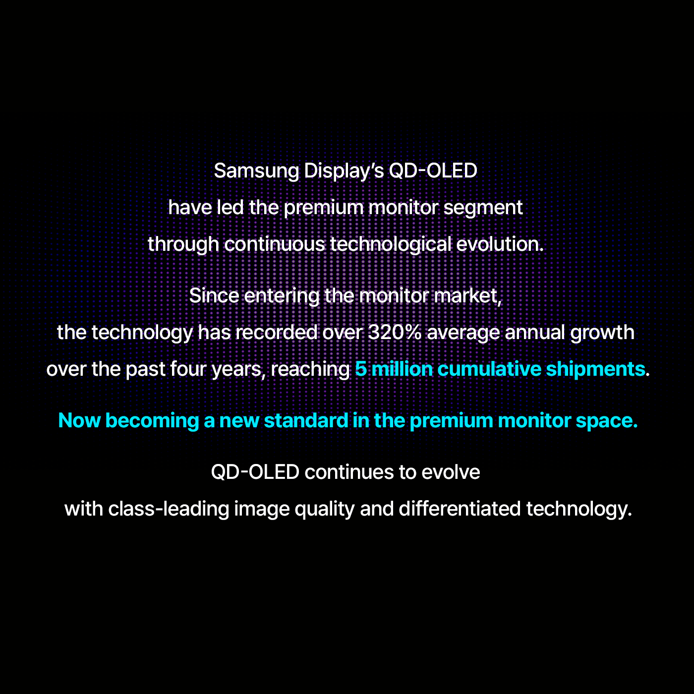 have led the premium monitor segment through continuous technological evolution.  Since entering the monitor market, the technology has recorded over 320% average annual growth over the past four years, reaching 5 million cumulative shipments.  QD-OLED continues to evolve with class-leading image quality and differentiated technology.  Samsung Display's QD-OLED  Now becoming a new standard in the premium monitor space.