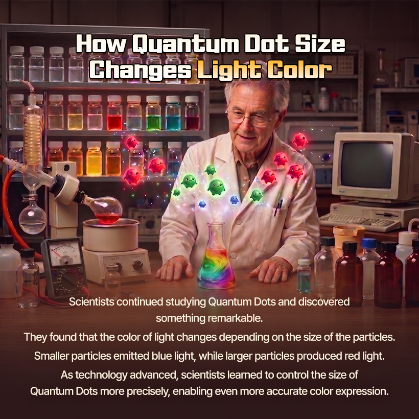 How Quantum Dot Size Changes Light Color  Scientists continued studying Quantum Dots and discovered something remarkable. They found that the color of light changes depending on the size of the particles. Smaller particles emitted blue light, while larger particles produced red light. As technology advanced, scientists learned to control the size of Quantum Dots more precisely, enabling even more accurate color expression.