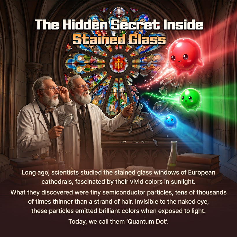 The Hidden Secret Inside Stained Glass  Long ago, scientists studied the stained glass windows of European cathedrals, fascinated by their vivid colors in sunlight. What they discovered were tiny semiconductor particles, tens of thousands of times thinner than a strand of hair. Invisible to the naked eye, these particles emitted brilliant colors when exposed to light. Today, we call them 'Quantum Dot'.