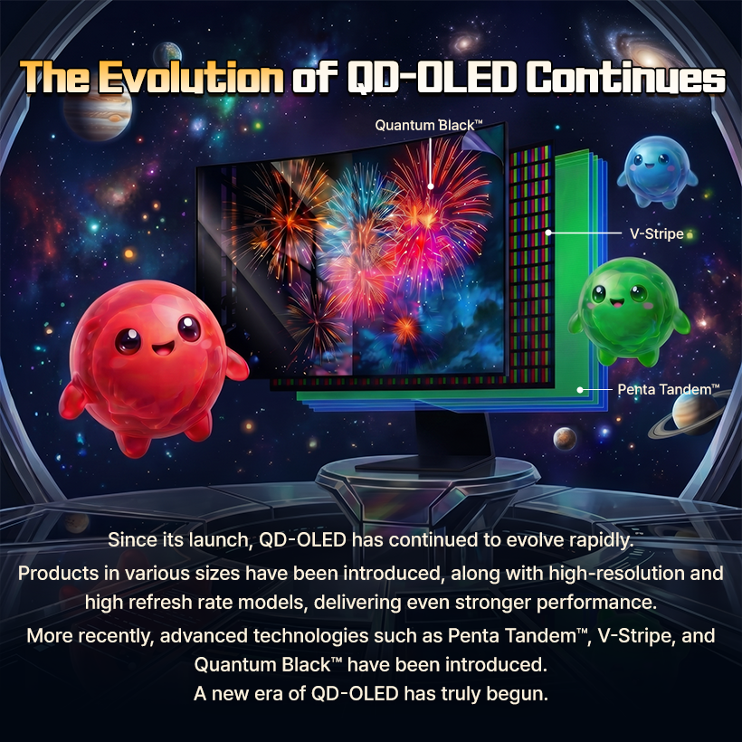 The Evolution of QD-OLED Continues  Quantum Black™  V-Stripe  Penta Tandem™  Since its launch, QD-OLED has continued to evolve rapidly. Products in various sizes have been introduced, along with high-resolution and high refresh rate models, delivering even stronger performance. More recently, advanced technologies such as Penta Tandem™, V-Stripe, and Quantum Black™ have been introduced. A new era of QD-OLED has truly begun.