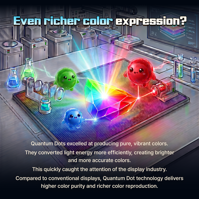 Even richer color expression?  Quantum Dots excelled at producing pure, vibrant colors. They converted light energy more efficiently, creating brighter and more accurate colors. This quickly caught the attention of the display industry. Compared to conventional displays, Quantum Dot technology delivers higher color purity and richer color reproduction.