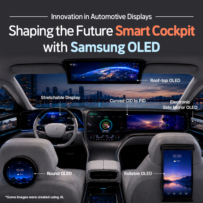Innovation in Automotive Displays  Shaping the Future Smart Cockpit with Samsung OLED  10:30  25C  Roof-top OLED  Stretchable Display  Curved CID to PID  Electronic Side Mirror OLED  80  10:30  R 25℃  10:30  Round OLED  Rollable OLED  *Some images were created using Al.