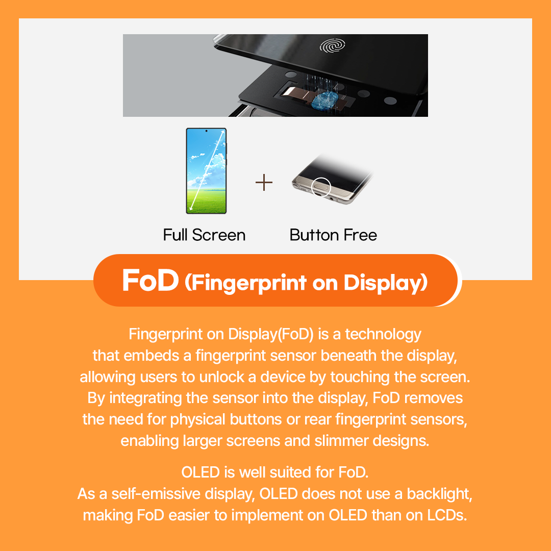 Full Screen  Button Free  FoD (Fingerprint on Display)  Fingerprint on Display(FoD) is a technology that embeds a fingerprint sensor beneath the display, allowing users to unlock a device by touching the screen. By integrating the sensor into the display, FoD removes the need for physical buttons or rear fingerprint sensors, enabling larger screens and slimmer designs. OLED is well suited for FoD. As a self-emissive display, OLED does not use a backlight, making FoD easier to implement on OLED than on LCDs.