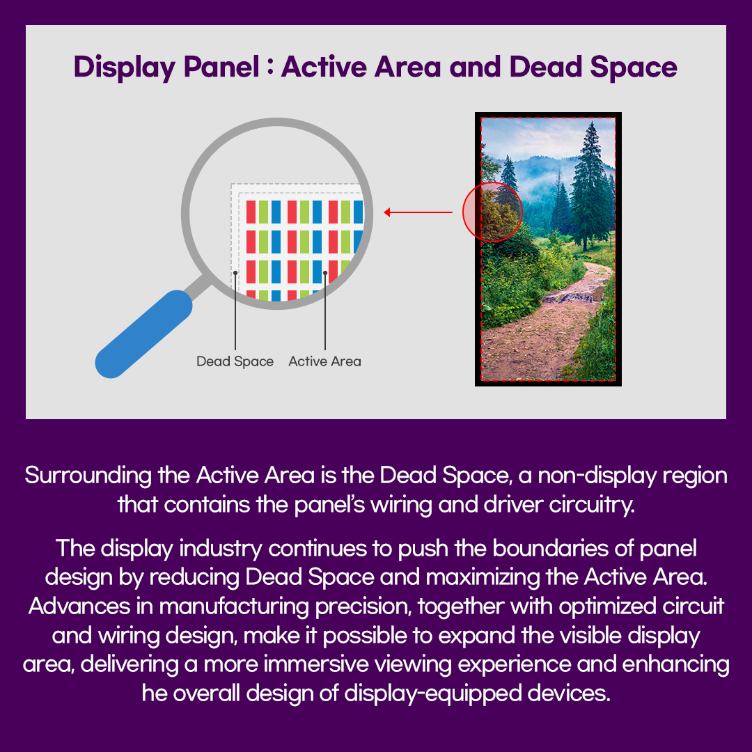 Display Panel : Active Area and Dead Space  Dead Space Active Area  Surrounding the Active Area is the Dead Space, a non-display region that contains the panel's wiring and driver circuitry. The display industry continues to push the boundaries of panel design by reducing Dead Space and maximizing the Active Area. Advances in manufacturing precision, together with optimized circuit and wiring design, make it possible to expand the visible display area, delivering a more immersive viewing experience and enhancing he overall design of display-equipped devices.