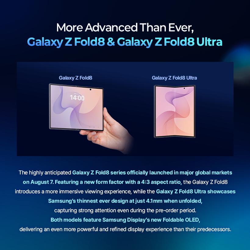 More Advanced Than Ever, Galaxy Z Fold8 & Galaxy Z Fold8 Ultra  Galaxy Z Fold8  Galaxy Z Fold8 Ultra  14:00  The highly anticipated Galaxy Z Fold8 series officially launched in major global markets on August 7. Featuring a new form factor with a 4:3 aspect ratio, the Galaxy Z Fold8 introduces a more immersive viewing experience, while the Galaxy Z Fold8 Ultra showcases Samsung's thinnest ever design at just 4.1mm when unfolded, capturing strong attention even during the pre-order period. Both models feature Samsung Display's new Foldable OLED, delivering an even more powerful and refined display experience than their predecessors.