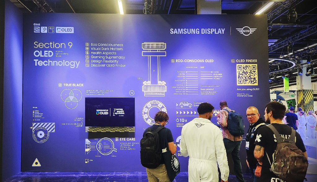 Samsung Display's exhibition wall featuring OLEDs showcased in MINI's booth at Gamescom 2023